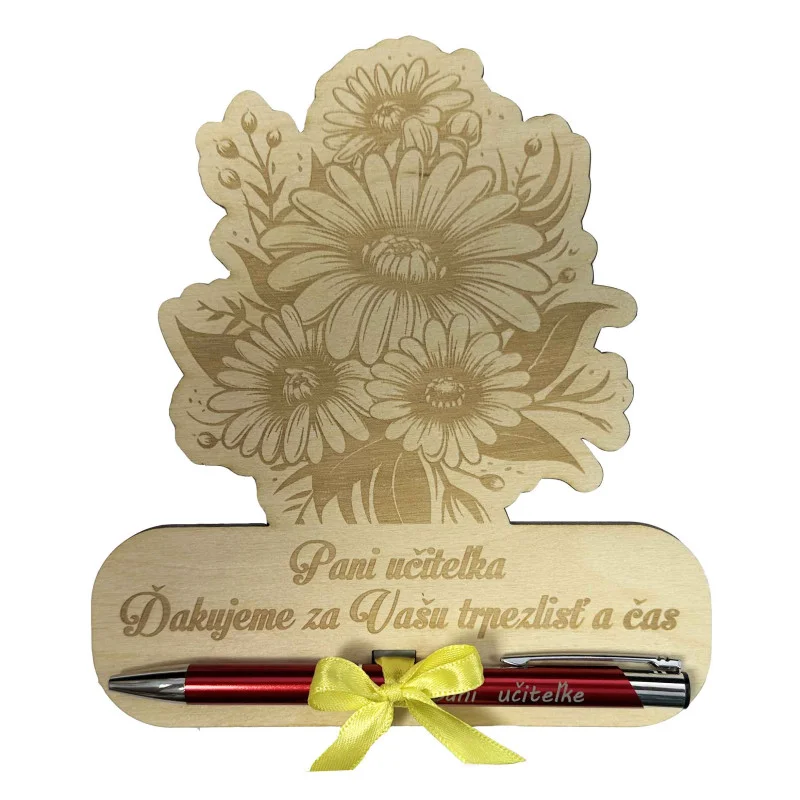 Drevená ďakovná kytica s gravírovaným perom pre učiteľku