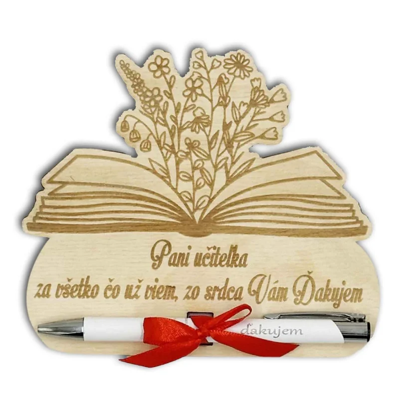 Drevená ďakovná kytica s gravírovaným perom pre učiteľku