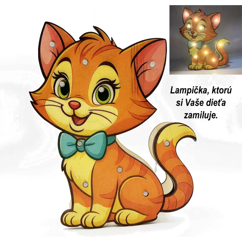 Detská drevená LED lampa Mačička