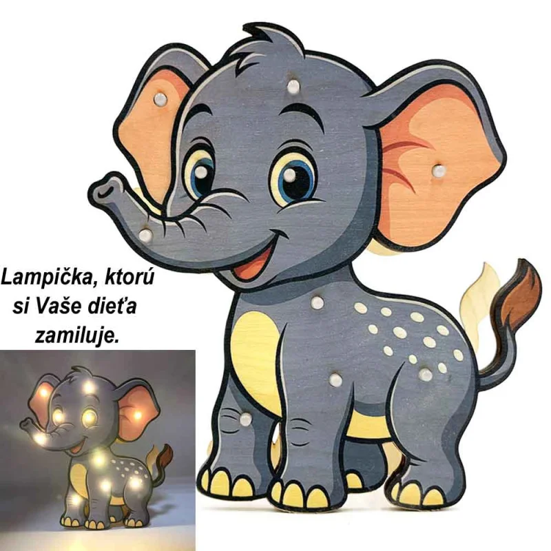 Detská drevená LED lampa Sloník