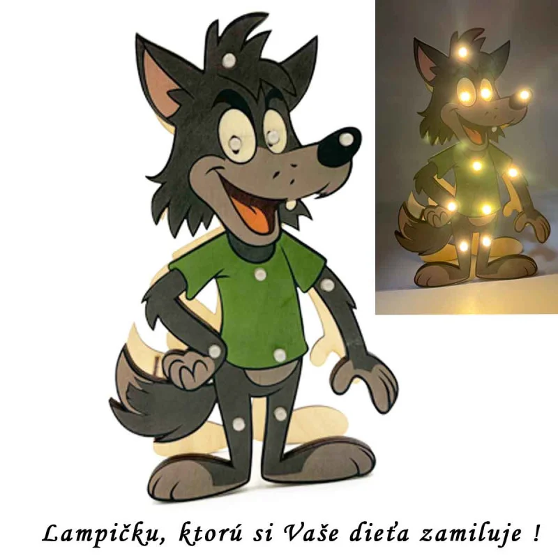 Detská drevená LED lampa Vĺčik