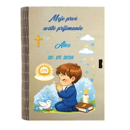 Drevená krabička na prvé sväté prijímanie s menom a dátumom – pamiatka a dar