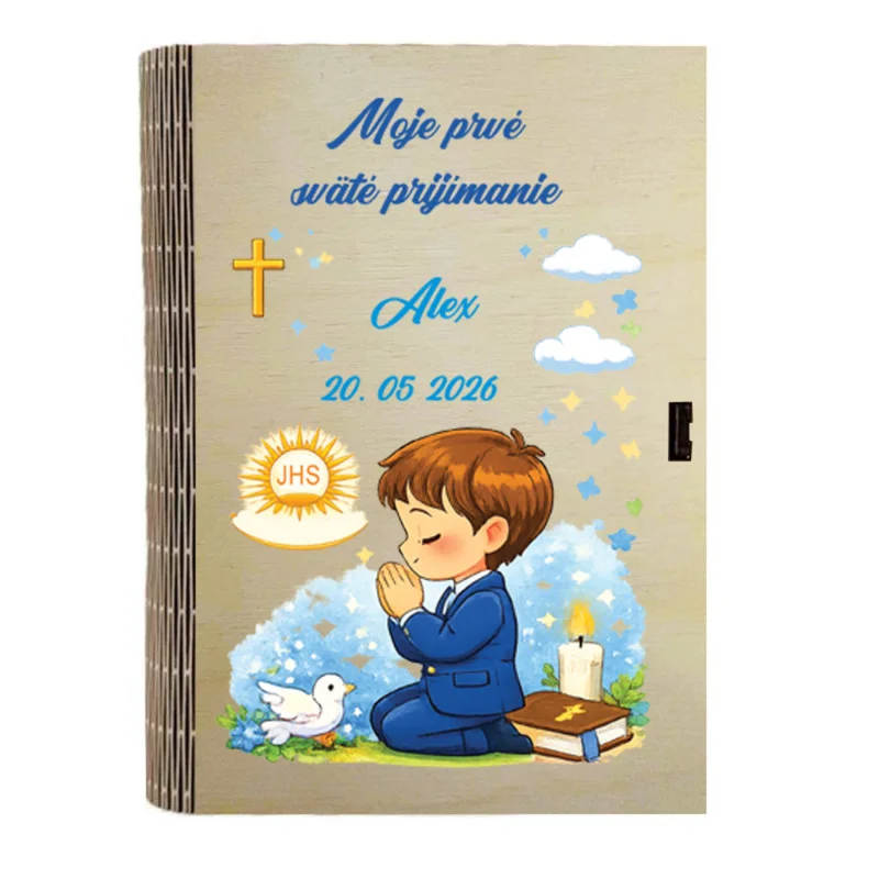 Drevená krabička na prvé sväté prijímanie s menom a dátumom – pamiatka a dar