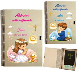 Drevená krabička na prvé sväté prijímanie s menom a dátumom – pamiatka a dar