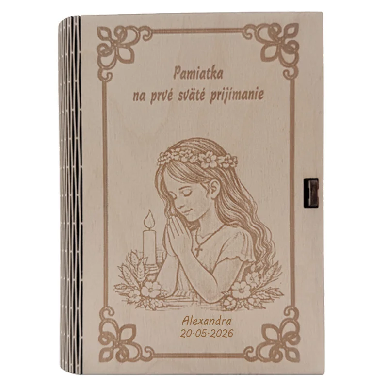 Drevená krabička na prvé sväté prijímanie s menom a dátumom – pamiatka a dar